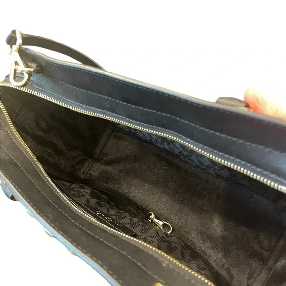 Michael Kors Black Studded Saffiano Leather Satchel‎ Crossbody Medium Purse Bag - Picture 9 of 15